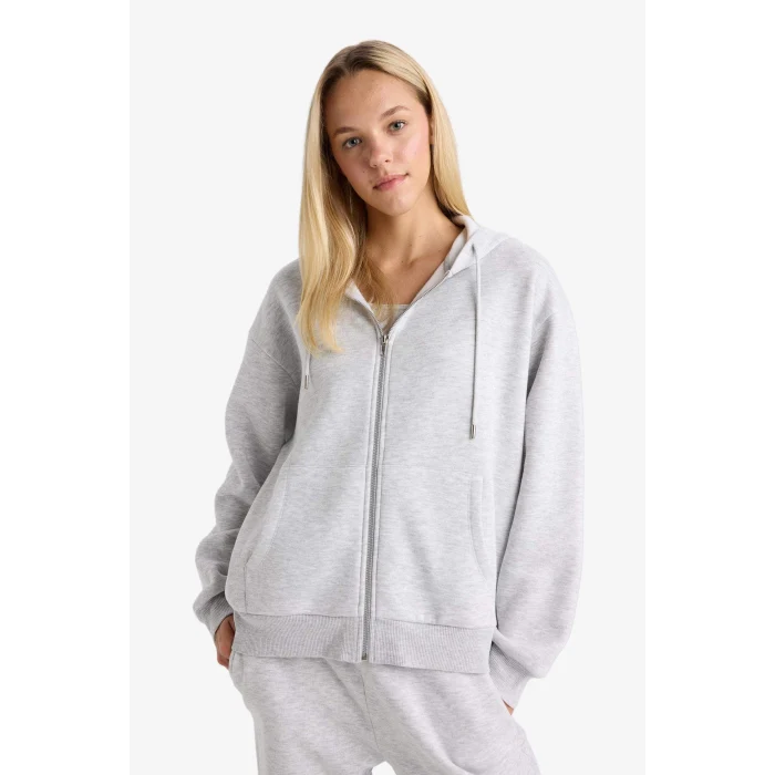 Defacto C1809AXGR93 Gri Relax Fit Kapüşonlu Basic Düz Kalın Fermuarlı Sweatshirt