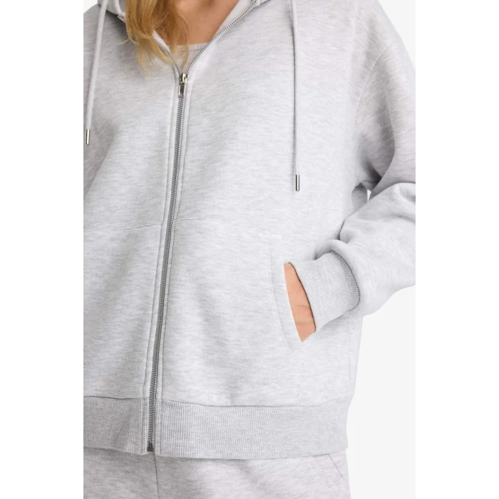 Defacto C1809AXGR93 Gri Relax Fit Kapüşonlu Basic Düz Kalın Fermuarlı Sweatshirt