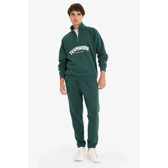 Defacto F0115AXGN536 Yeşil Boxy Fit Dik Yaka Yarım Fermuarlı Baskılı Sweatshirt