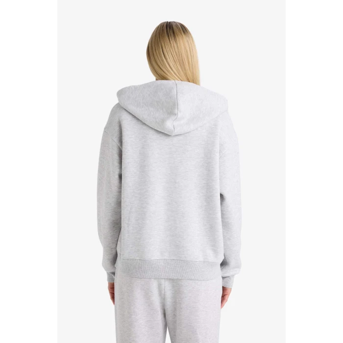 Defacto C1809AXGR93 Gri Relax Fit Kapüşonlu Basic Düz Kalın Fermuarlı Sweatshirt