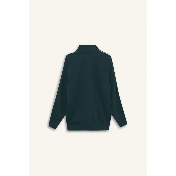 Defacto F0115AXGN536 Yeşil Boxy Fit Dik Yaka Yarım Fermuarlı Baskılı Sweatshirt