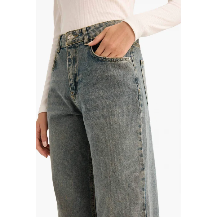 Defacto D4316AXNM28 Mavi Straight Wide Yüksek Bel Uzun Jean Yıkamalı Pantolon