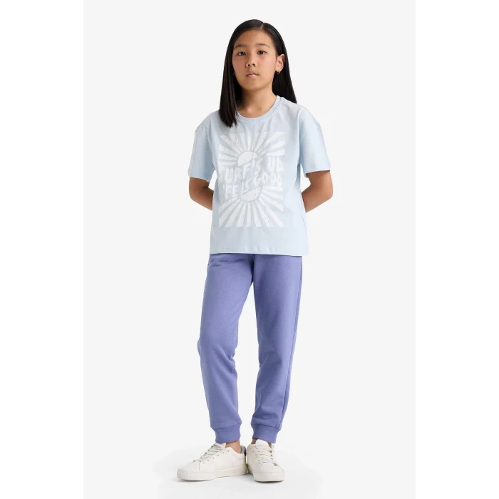 Defacto Y1226A6PR510 Mor Kız Çocuk Standart Fit Basic Düz Beli Lastikli Okul Jogger Eşofman Altı