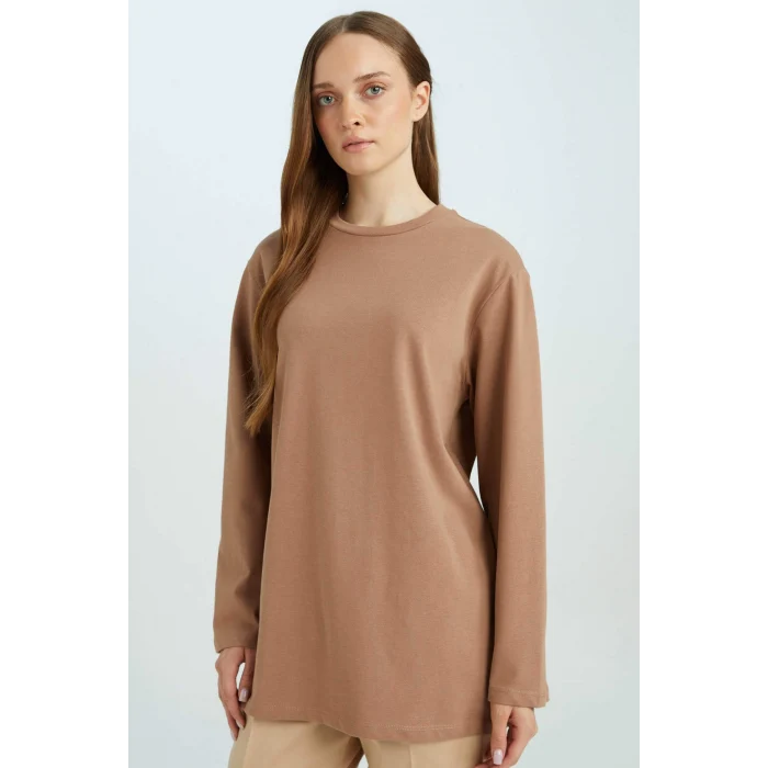 Defacto D4897AXBN299 Kahve Regular Fit Bisiklet Yaka Basic Düz Uzun Kollu Tişört Tunik