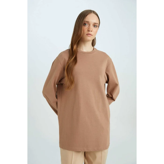 Defacto D4897AXBN299 Kahve Regular Fit Bisiklet Yaka Basic Düz Uzun Kollu Tişört Tunik