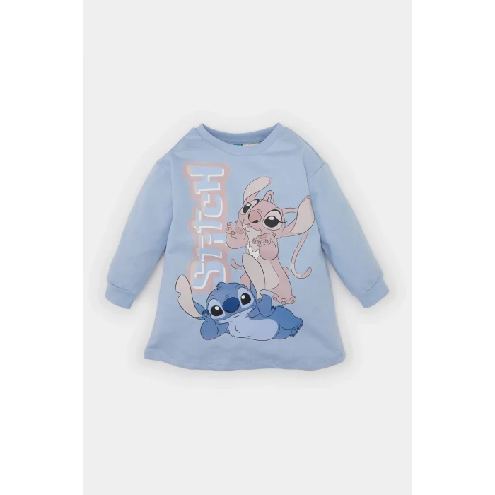 Defacto D8439A5BE551 Mavi Kız Bebek Disney Lilo & Stitch Bisiklet Yaka Uzun Kollu Sweat Elbise