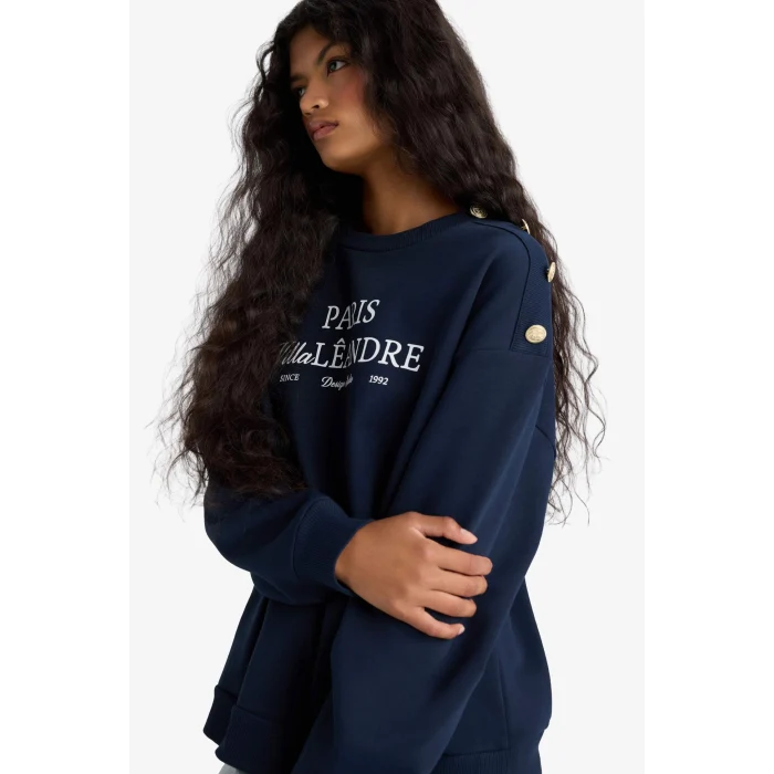 Defacto F7885AXNV135 Lacivert Relax Fit Bisiklet Yaka Baskılı Kalın Sweatshirt