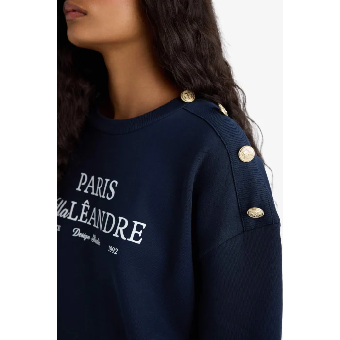 Defacto F7885AXNV135 Lacivert Relax Fit Bisiklet Yaka Baskılı Kalın Sweatshirt