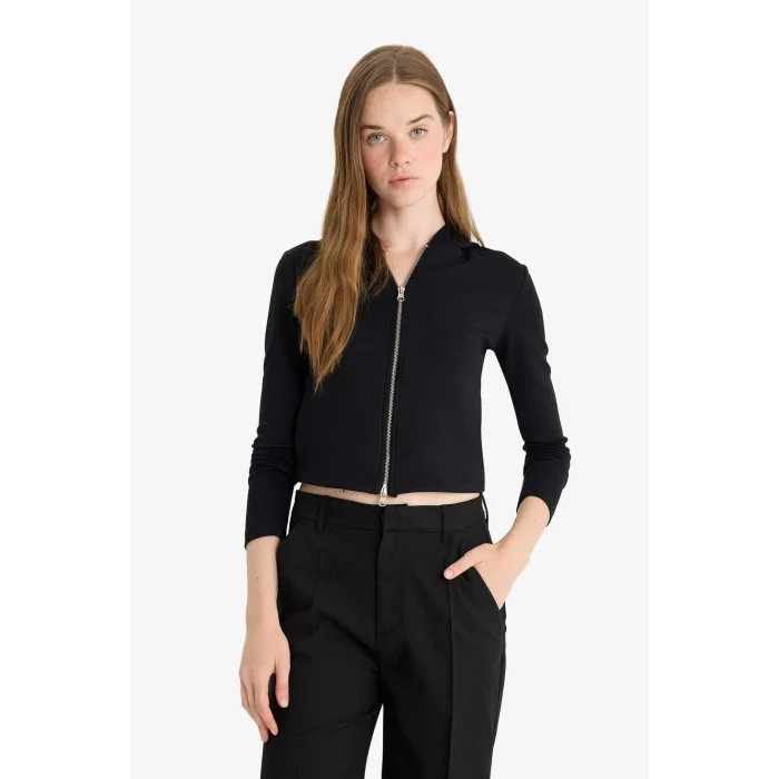 Defacto F7651AXBK81 Siyah Slim Fit Dar Kesim Kapüşonlu Modal Fermuarlı Sweatshirt