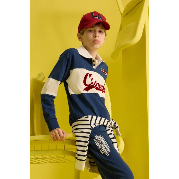 Defacto F2711A8BE829 Mavi Erkek Çocuk Oversize Geniş Kalıp Polo Yaka Nakışlı Uzun Kollu Okul Tişörtü