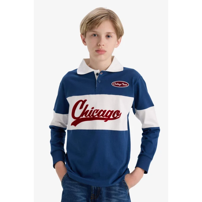 Defacto F2711A8BE829 Mavi Erkek Çocuk Oversize Geniş Kalıp Polo Yaka Nakışlı Uzun Kollu Okul Tişörtü