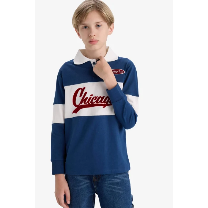 Defacto F2711A8BE829 Mavi Erkek Çocuk Oversize Geniş Kalıp Polo Yaka Nakışlı Uzun Kollu Okul Tişörtü