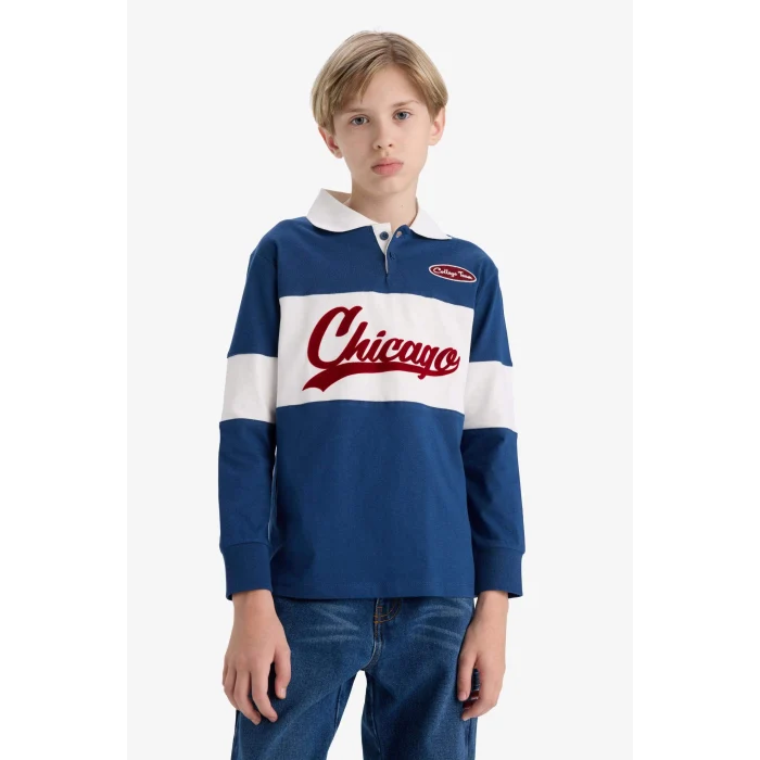 Defacto F2711A8BE829 Mavi Erkek Çocuk Oversize Geniş Kalıp Polo Yaka Nakışlı Uzun Kollu Okul Tişörtü