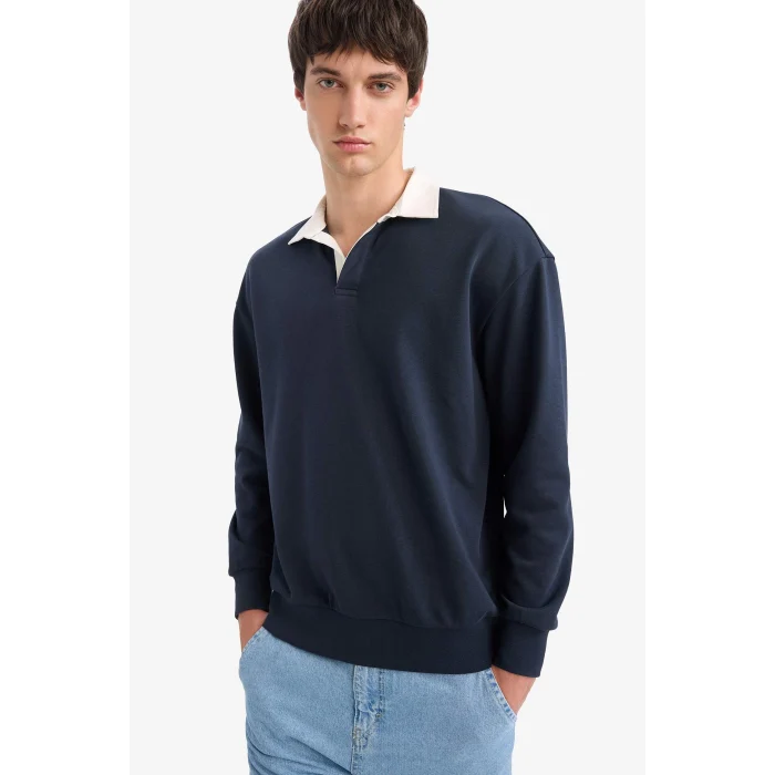 Defacto E6523AXNV64 Lacivert Boxy Fit Polo Yaka Sweatshirt