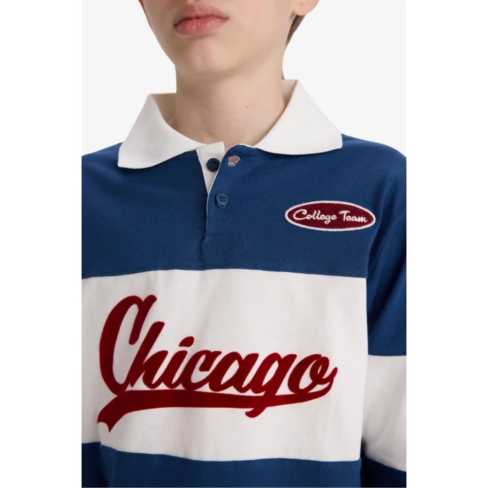 Defacto F2711A8BE829 Mavi Erkek Çocuk Oversize Geniş Kalıp Polo Yaka Nakışlı Uzun Kollu Okul Tişörtü