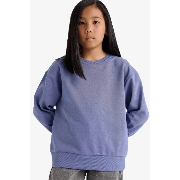 Defacto A2797A8PR510 Mor Kız Çocuk Relax Fit Bisiklet Yaka Basic Düz Okul Sweatshirt
