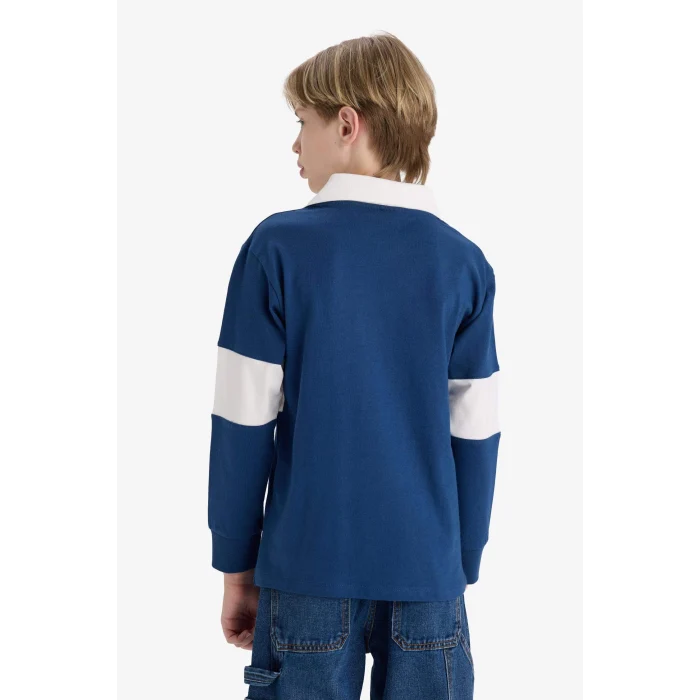 Defacto F2711A8BE829 Mavi Erkek Çocuk Oversize Geniş Kalıp Polo Yaka Nakışlı Uzun Kollu Okul Tişörtü