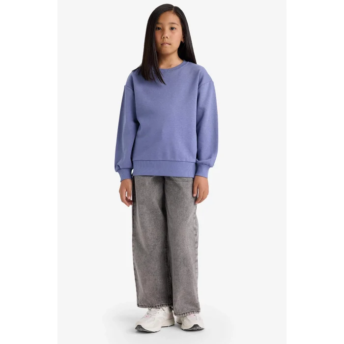 Defacto A2797A8PR510 Mor Kız Çocuk Relax Fit Bisiklet Yaka Basic Düz Okul Sweatshirt