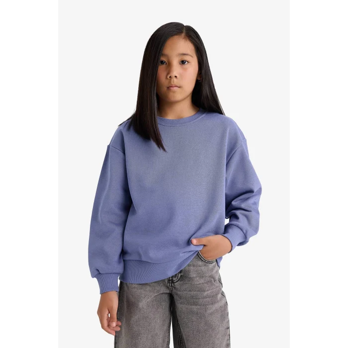 Defacto A2797A8PR510 Mor Kız Çocuk Relax Fit Bisiklet Yaka Basic Düz Okul Sweatshirt