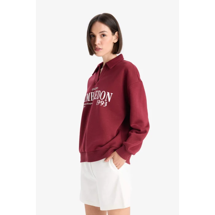 Defacto F1063AXBR248 Bordo Relax Fit Polo Yaka Baskılı Kalın Sweatshirt