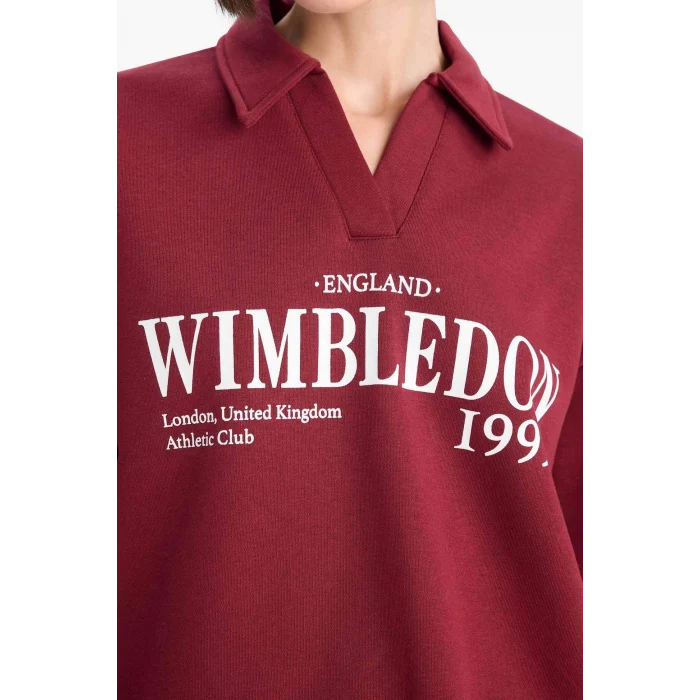 Defacto F1063AXBR248 Bordo Relax Fit Polo Yaka Baskılı Kalın Sweatshirt