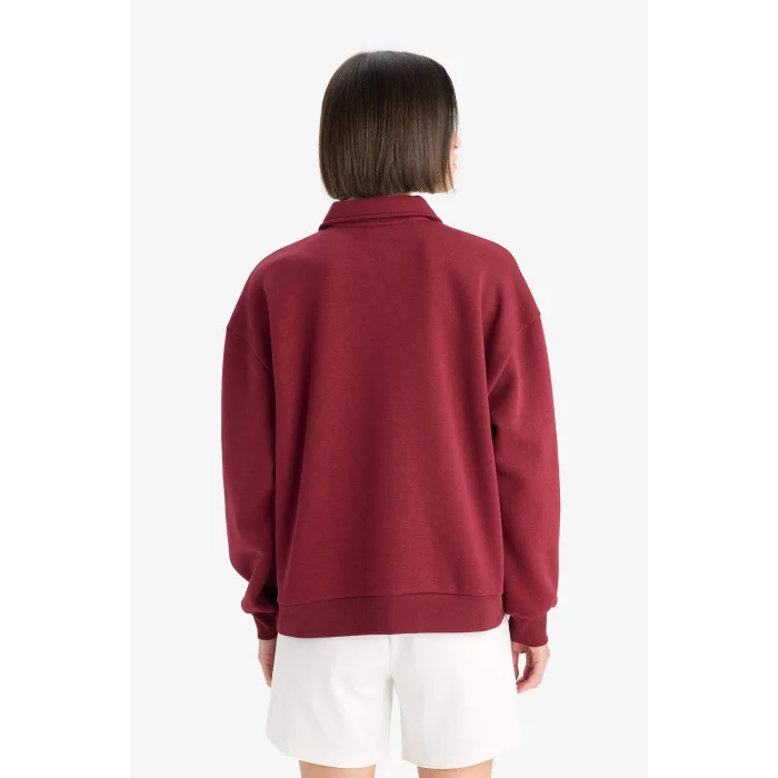 Defacto F1063AXBR248 Bordo Relax Fit Polo Yaka Baskılı Kalın Sweatshirt