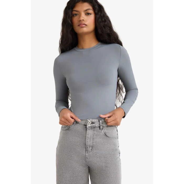 Defacto D0199AXGR436 Gri Fitted Bisiklet Yaka Uzun Kollu Tişört