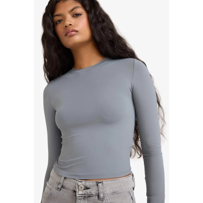 Defacto D0199AXGR436 Gri Fitted Bisiklet Yaka Uzun Kollu Tişört