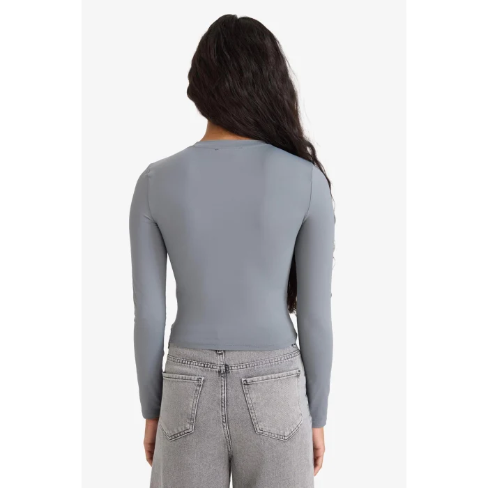 Defacto D0199AXGR436 Gri Fitted Bisiklet Yaka Uzun Kollu Tişört