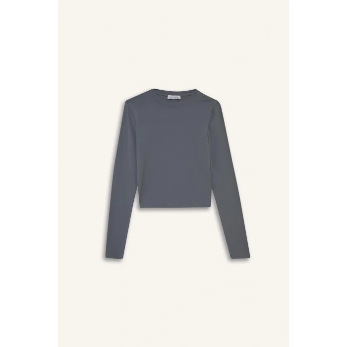 Defacto D0199AXGR436 Gri Fitted Bisiklet Yaka Uzun Kollu Tişört