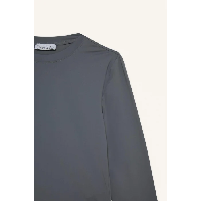 Defacto D0199AXGR436 Gri Fitted Bisiklet Yaka Uzun Kollu Tişört