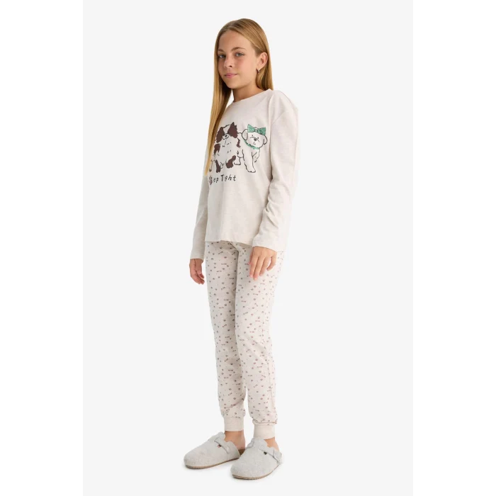 Defacto F1084A8BG745 Bej Kız Çocuk Pijama Takımı Köpek Baskılı Uzun Kollu Üst Desenli Uzun Alt