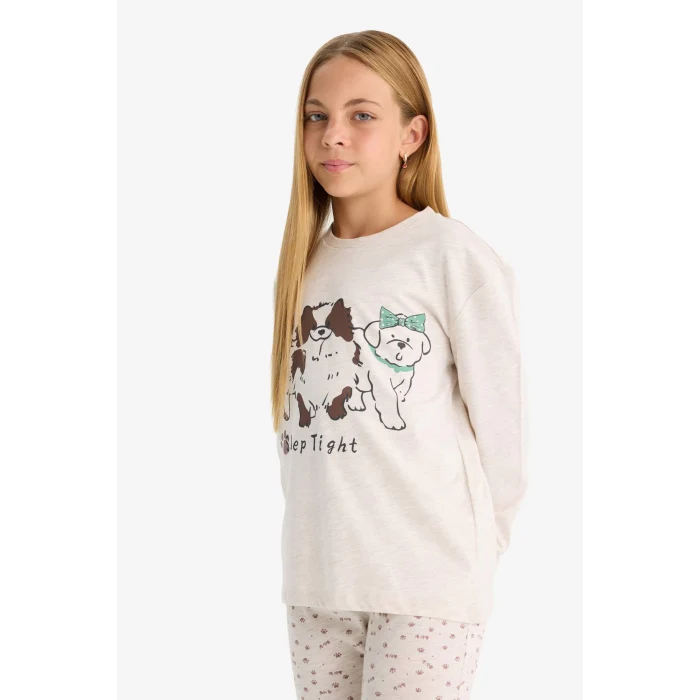 Defacto F1084A8BG745 Bej Kız Çocuk Pijama Takımı Köpek Baskılı Uzun Kollu Üst Desenli Uzun Alt