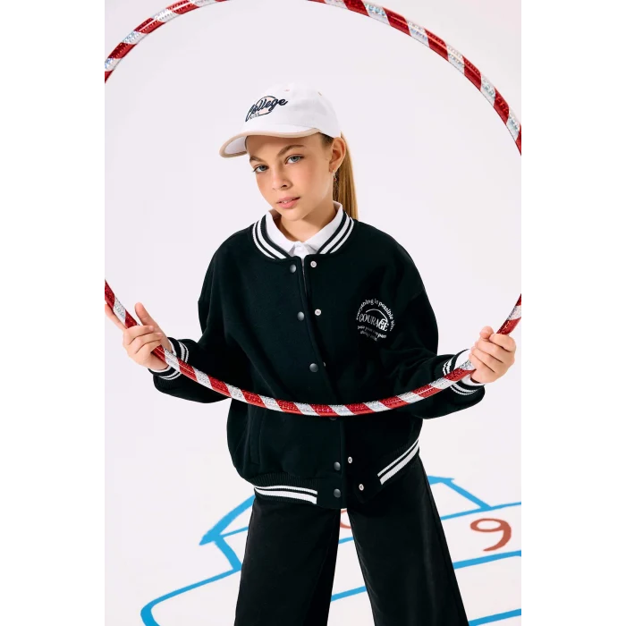 Defacto F2194A8BK81 Siyah Kız Çocuk Baskılı Kolej Yaka Bomber Okul Hırkası