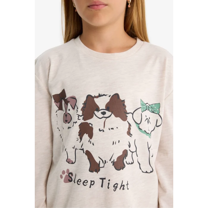 Defacto F1084A8BG745 Bej Kız Çocuk Pijama Takımı Köpek Baskılı Uzun Kollu Üst Desenli Uzun Alt