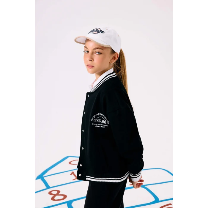 Defacto F2194A8BK81 Siyah Kız Çocuk Baskılı Kolej Yaka Bomber Okul Hırkası