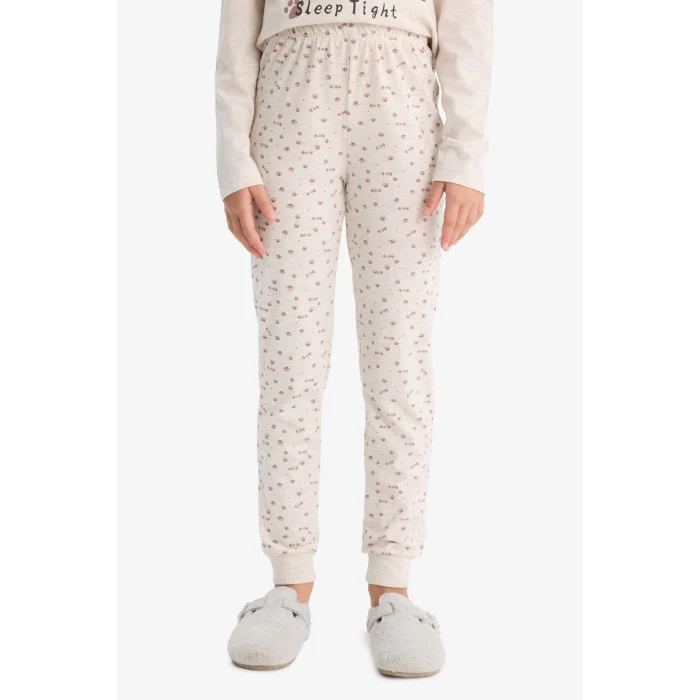 Defacto F1084A8BG745 Bej Kız Çocuk Pijama Takımı Köpek Baskılı Uzun Kollu Üst Desenli Uzun Alt