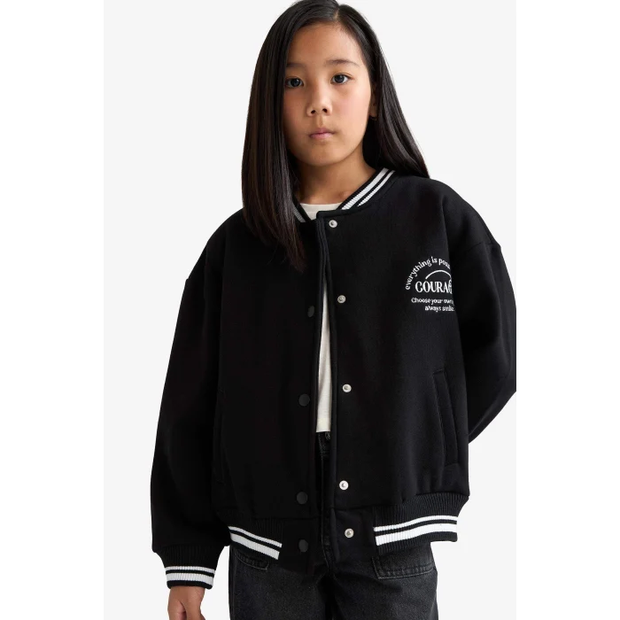 Defacto F2194A8BK81 Siyah Kız Çocuk Baskılı Kolej Yaka Bomber Okul Hırkası