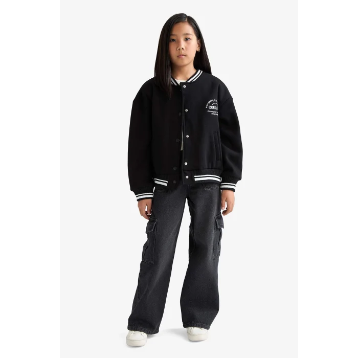 Defacto F2194A8BK81 Siyah Kız Çocuk Baskılı Kolej Yaka Bomber Okul Hırkası