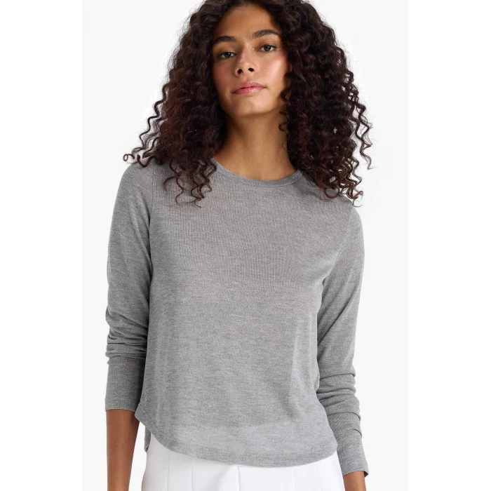 Defacto F8182AXGR93 Gri Regular Fit Bisiklet Yaka Uzun Kollu Tişört