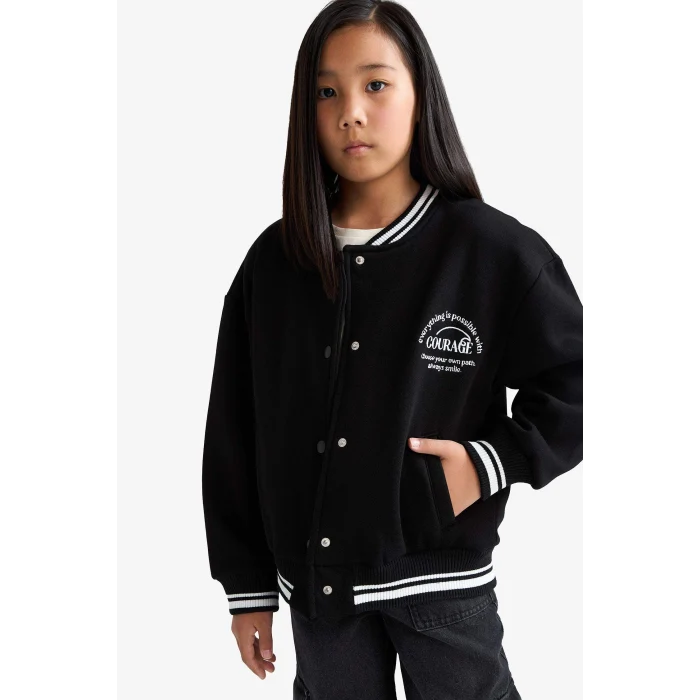 Defacto F2194A8BK81 Siyah Kız Çocuk Baskılı Kolej Yaka Bomber Okul Hırkası