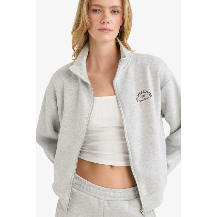 Defacto E9507AXGR93 Gri Relax Fit Yarım Balıkçı Yaka Baskılı Kalın Fermuarlı Sweatshirt