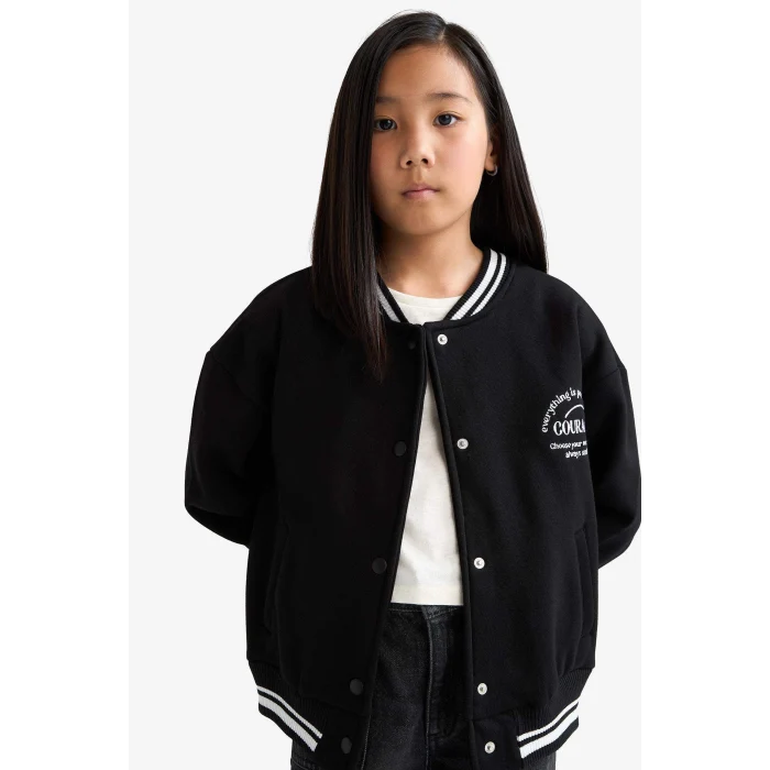 Defacto F2194A8BK81 Siyah Kız Çocuk Baskılı Kolej Yaka Bomber Okul Hırkası