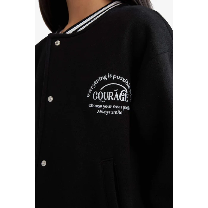 Defacto F2194A8BK81 Siyah Kız Çocuk Baskılı Kolej Yaka Bomber Okul Hırkası