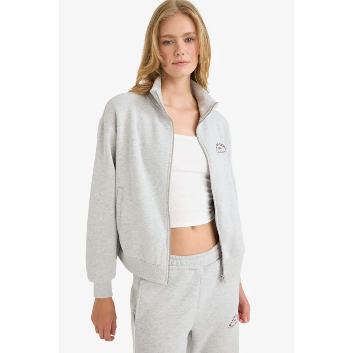 Defacto E9507AXGR93 Gri Relax Fit Yarım Balıkçı Yaka Baskılı Kalın Fermuarlı Sweatshirt