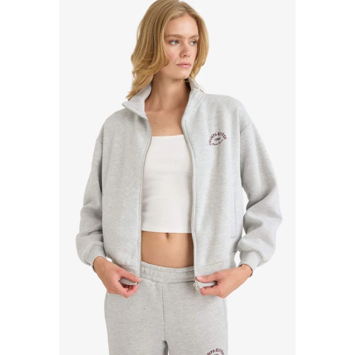 Defacto E9507AXGR93 Gri Relax Fit Yarım Balıkçı Yaka Baskılı Kalın Fermuarlı Sweatshirt