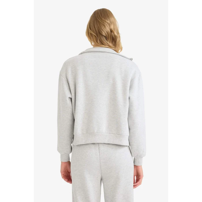 Defacto E9507AXGR93 Gri Relax Fit Yarım Balıkçı Yaka Baskılı Kalın Fermuarlı Sweatshirt