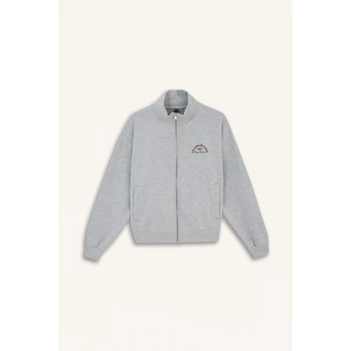 Defacto E9507AXGR93 Gri Relax Fit Yarım Balıkçı Yaka Baskılı Kalın Fermuarlı Sweatshirt