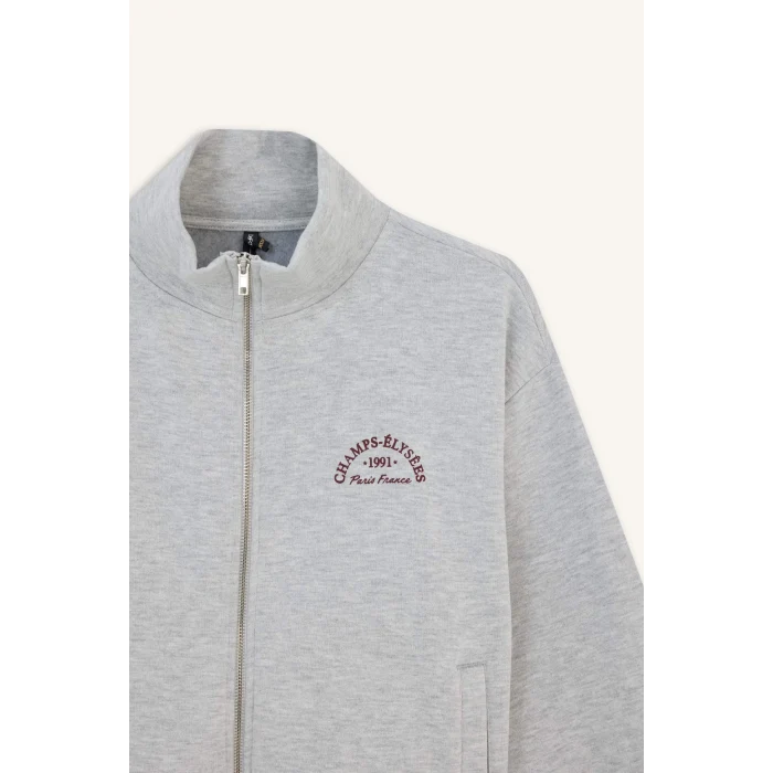 Defacto E9507AXGR93 Gri Relax Fit Yarım Balıkçı Yaka Baskılı Kalın Fermuarlı Sweatshirt