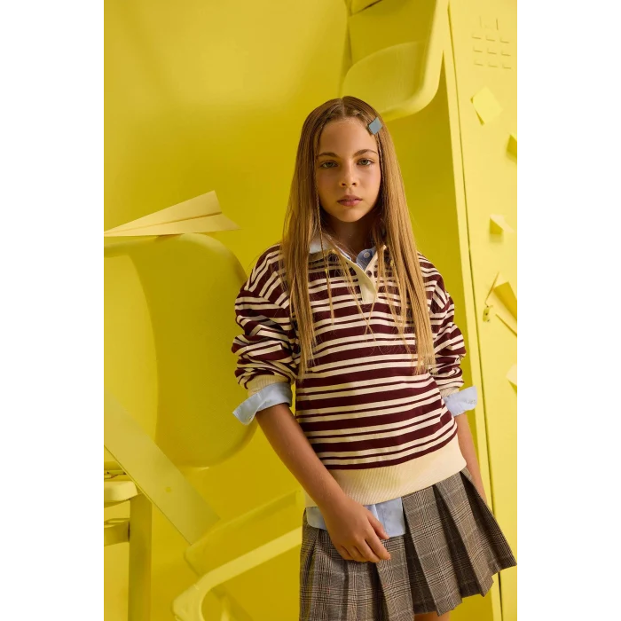 Defacto F8399A8BR194 Bordo Kız Çocuk Relax Fit Polo Yaka Çizgili Uzun Kollu Okul Tişörtü